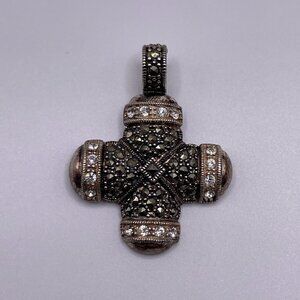 Vintage‎ Sterling Silver Marcasite Cross Pendant .925 Thailand – Baroque Style